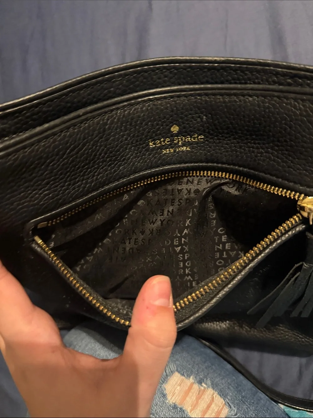 kate spade Black Pebbled Leather Messenger Crossbody with Gold Hardware